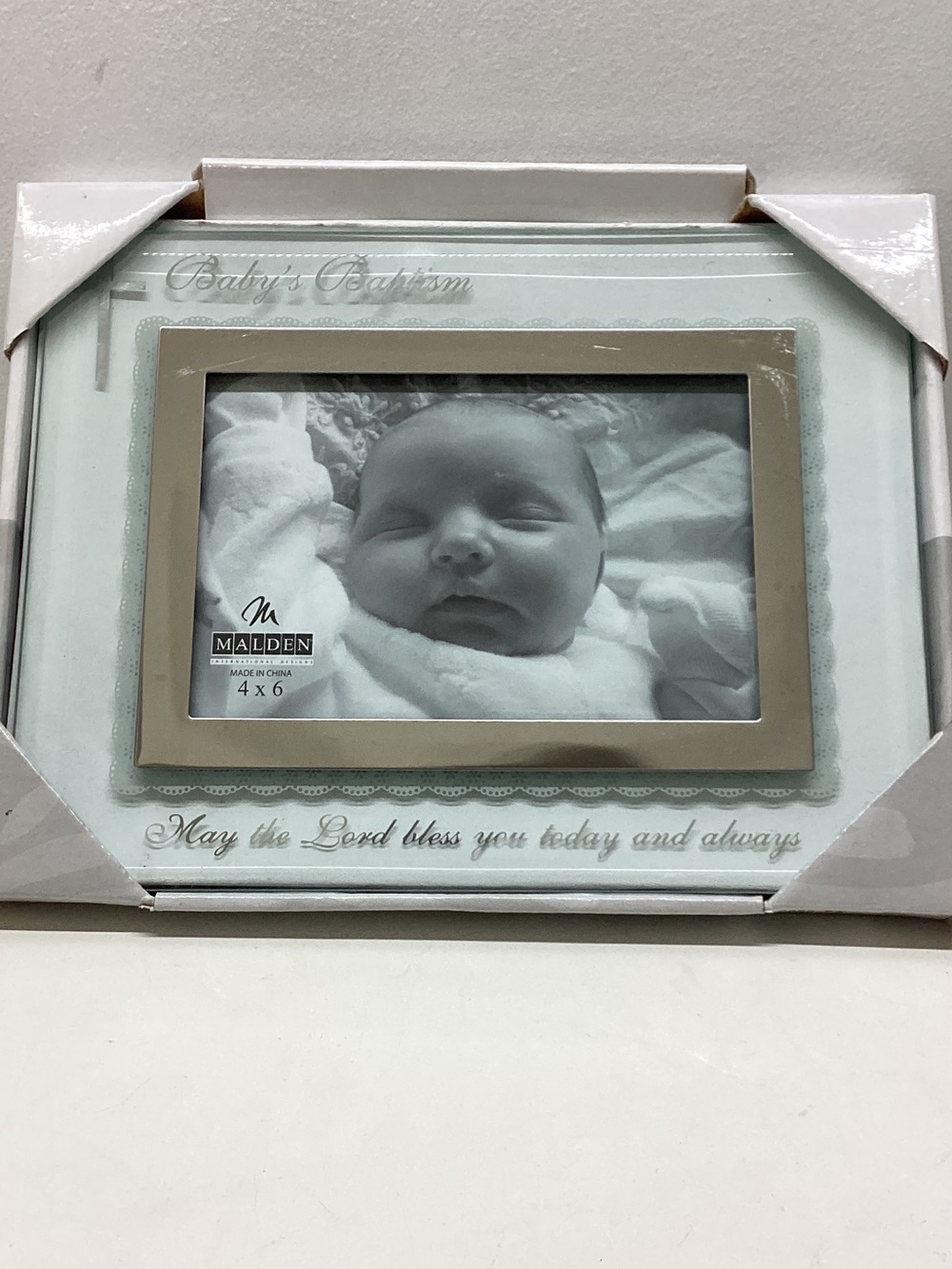 NIB Malden Clear and Silver Baby Baptism Glass Picture Frame